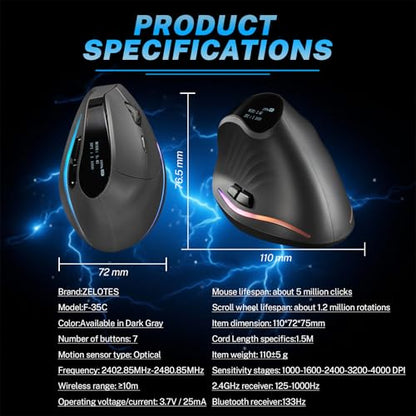 Gaming Mouse with Display, Wireless Vertical Ergonomic Mouse with Tri-Mode Connectivity, 7 Programmable RGB Buttons, 4000 DPI, Rechargeable for PC Laptop Mac - color: Gray