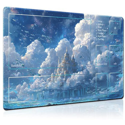 MTG Playmat 24x14 Inch | Optional Game Zone Layout | Non-Slip Rubber Base | Stitched Edges | Includes Free Storage Bag | for TCG, Board Games, and Desk Use(Cloudspire,with Zone) - color: Cloudspire, style: With zone