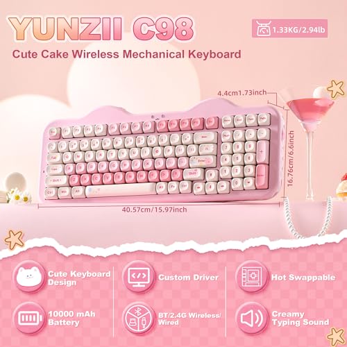 YUNZII C98 Wireless Mechanical Keyboard with Number Pad,99 Key BT5.0/2.4G/USB-C Hot Swap Gasket Mount with PBT MOA Keycaps,Custom RGB,Cute Cake Keyboard for Win/Mac (Pink, Candy Linear Switch) - color: Pink, size: Candy Linear Switch