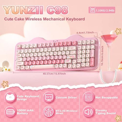 YUNZII C98 Wireless Mechanical Keyboard with Number Pad,99 Key BT5.0/2.4G/USB-C Hot Swap Gasket Mount with PBT MOA Keycaps,Custom RGB,Cute Cake Keyboard for Win/Mac (Pink, Candy Linear Switch) - color: Pink, size: Candy Linear Switch