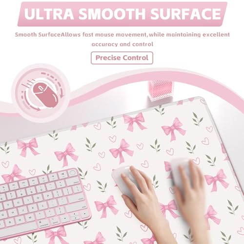 Baziabbo Pink Desk Mat,XXL Extended Big Mouse Pad,Gaming Mousepad with Stitched Edge,Non-Slip Rubber Base Keyboard Desk Pad for Home Office Study Game - color: Bowknot