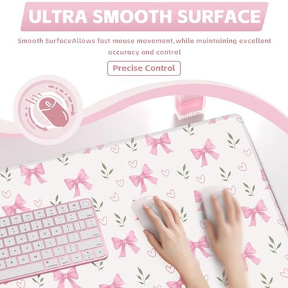 Baziabbo Pink Desk Mat,XXL Extended Big Mouse Pad,Gaming Mousepad with Stitched Edge,Non-Slip Rubber Base Keyboard Desk Pad for Home Office Study Game - color: Bowknot