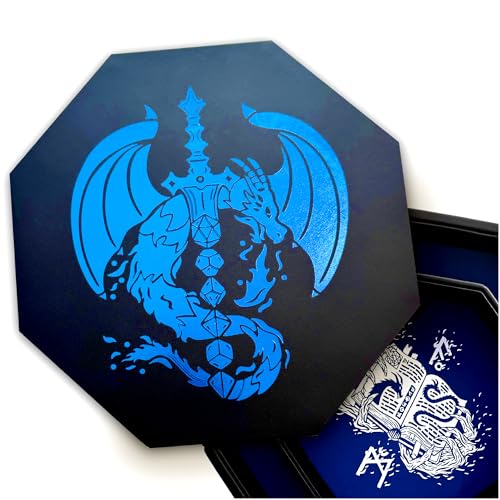 Fantasydice Blue Fire Dragon Dice Tray with Dice Sword and Wizard Book Artwork – 9" Octagon with Lid, Holds 5 Dice Sets – Perfect for D&D, Pathfinder, Call of Cthulhu, and All Tabletop RPGs - color: Blue Dragon Sword