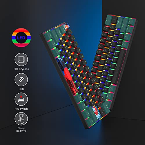 60 Percent Gaming Keyboard Mechanical with Linear Red Switch, 60% Wired Ultra-Compact Mini Keyboard Rainbow with PBT Keycaps for Ps4/Ps5/Xbox(61 Green) - color: 61 Green/red swicth