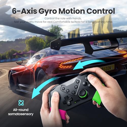 VOYEE Switch Controllers Compatible with Switch/Lite/OLED, Programming Wireless Pro Controller with Motion Control, Vibration, Wake-up, Turbo, Screenshot - color: Pink+Green