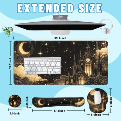 Fantasy Castle Desk Mat Set Celestial Gothic Night Large Mouse Pad with Wrist Rest 4-in-1 Desk Mat for Desktop Ergonomic Computer Desk Arm Wrist Anti-Slip Computer Ergonomic Mouse Pad Office Gaming - color: Fantasy Castle, size: 34.5" x 15.7"