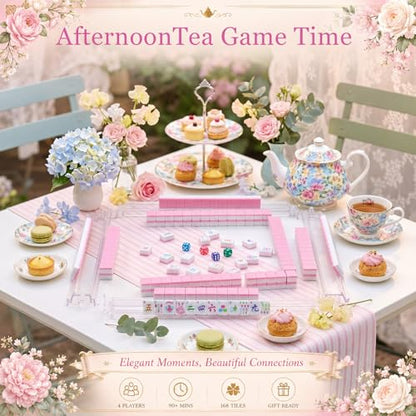 Soulchen 1.2 Inch Pink Tea Party Themed American Mahjong Tiles Set | Complete 168 Pastel Melamine Tiles with Dice Large Tote Bag Portable Pouch for Game Night Travel Vacation Collection Gift