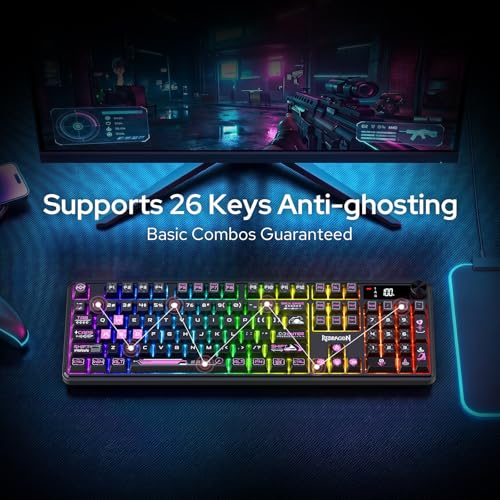Redragon K526 PRO RGB Wireless Membrane Gaming Keyboard, 104 Keys Mechanical-Feel Keyboard w/LED Info Display, Media/Backlit Knob Control, Smooth Linear Switch & Software Supported - color: Black & Purple