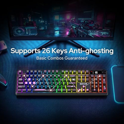 Redragon K526 PRO RGB Wireless Membrane Gaming Keyboard, 104 Keys Mechanical-Feel Keyboard w/LED Info Display, Media/Backlit Knob Control, Smooth Linear Switch & Software Supported - color: Black & Purple
