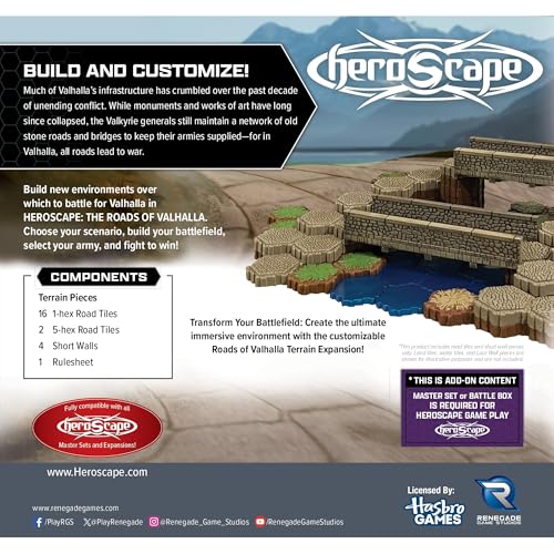 Renegade Game Studios Heroscape Roads of Valhalla Terrain Expansion | Expansion Set Includes 18 Hex Road Tiles & 4 Short Walls for Custom Bridges, Compatible with All Heroscape Master Sets