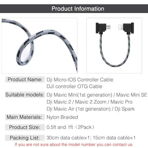 1FT+ 0.5FT(2 pack) USB Micro to iOS DJI Remote Controller Cable for DJI Mavic Mini(1st Gen), Mini SE, Mavic Pro, Spark, 2 Pro Zoom, Mavic Air,Platinum, Phone/Tablet 90 Degree Data OTG Cord Accessories - style: Micro to iOS