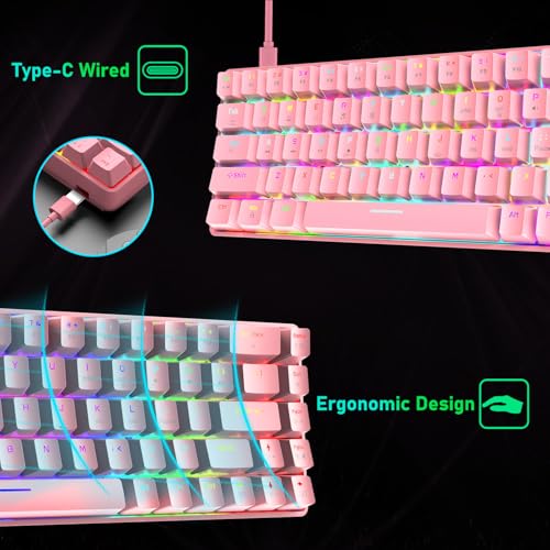 60% Mechanical Gaming Keyboard Mini 68 Keys Anti-Ghosting Wired RGB 18 Backlit Effects,Lightweight Gaming Mosue DPI Adjustable Honeycomb Optical,113 PBT Pudding Keycaps for PC Gamers(White)