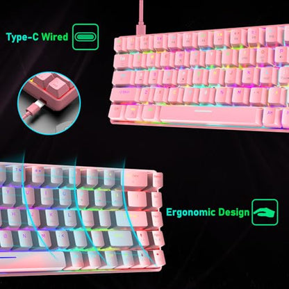 60% Mechanical Gaming Keyboard Mini 68 Keys Anti-Ghosting Wired RGB 18 Backlit Effects,Lightweight Gaming Mosue DPI Adjustable Honeycomb Optical,113 PBT Pudding Keycaps for PC Gamers(White)
