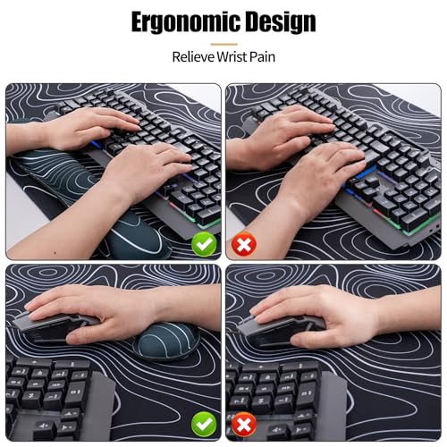 Bloss Keyboard Mouse Pad Set, Large Gaming Desk Pad+Keyboard Wrist Rest+Mouse Wrist Cushion+Coaster, Non-Slip Desk Mat, Home Office Essentials-Black and White Topography (35.4 x 15.7 Inches) - color: Topographic, size: 35.4 in x 15.7 in x 0.08 in