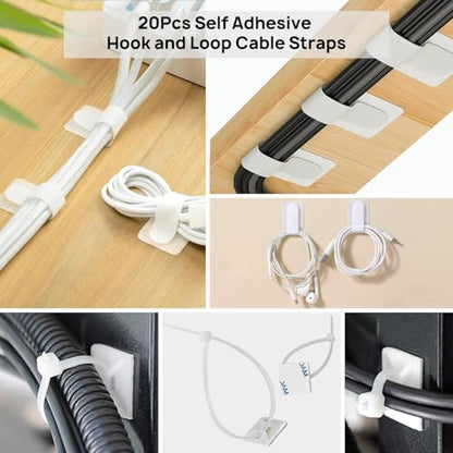 193 PCS Cable Management Kit - 4 Cable Sleeve, 57 Self Adhesive Cable Clips, 12 Hanging Strips, 12 Cable Organizer Straps and 100 Fastening Cable Ties for TV Computer Under Desk (White) - color: White