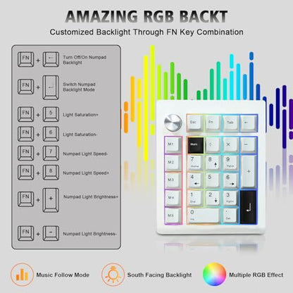 FKZ GMK26 Mechanical Numpad,Gasket VIA Macro Numeric Keypad Hot Swap Wireless 2.4G/BT5.0/Wired USB-C RGB Backlit 26 Keys Mini Protable Number Keyboard Programmable for Win/Mac/Gaming (White) - color: White