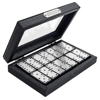 Bucher&Rossini Metal Surface Dominoes Set Double 6 - Classic Black Domino's Game Set with Silver Metal Surface Dominos Set for Adults and Kids Ideal Gift for Domino Players or Family Game Night - color: Silver New - Double 6