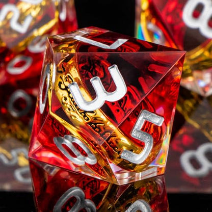 OUKELANWO Magic Lord Rings DND Dice Set with Box, 7Pcs Resin LOTR D&D Dice Set for Role Playing Game, Red Dungeons Dragons D and D Sharp Edge Dice D20 D12 D10 D8 D6 D4 - color: Red & White