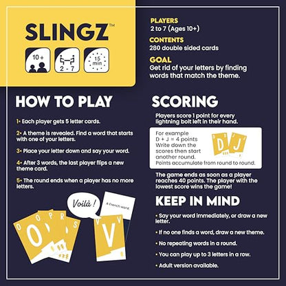 Slingz by Blue Orange Games, Fast and Hilarious Word Card Party Game of Categories for Ages 10 & Up, 2 to 7 Players - style: 10 and up - Family