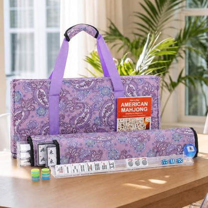 American Mahjong Tile Set, 166 White Tiles Mahjong Set, 4 Transparent All-in-One Racks/Pushers, Complete Game Set with Purple Printed Carrying Bag - color: Purple