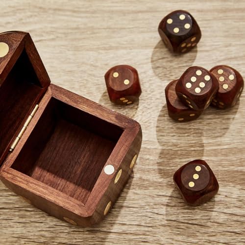 Two's Company Wood Crafted Dice Box with 6 Dice, Acacia Wood, 2.5-inches Square, Brown