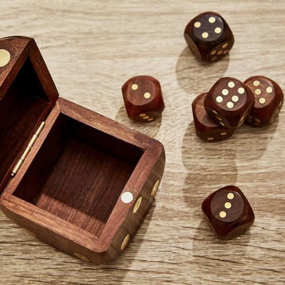 Two's Company Wood Crafted Dice Box with 6 Dice, Acacia Wood, 2.5-inches Square, Brown