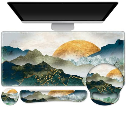 Gaming Mouse Pad, Large Desk Mat, Cute Desk Pad Protector, 4in1 XXL Mousepad +Keyboard Wrist Rest+Mouse Wrist Rest+Coaster Set with Ergonomic Desk Pad for Home Office Table Computer Green Mountain - color: Green Mountain