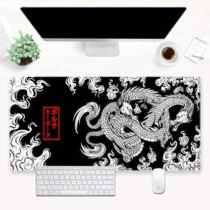 Japanese Dragon Desk Mat, Black White XXL Large Gaming Mouse Pad | Stunning high contrast ink dragon desk pad providing elite tracking accuracy, plush support, and anti-fray borders. - color: Dragon