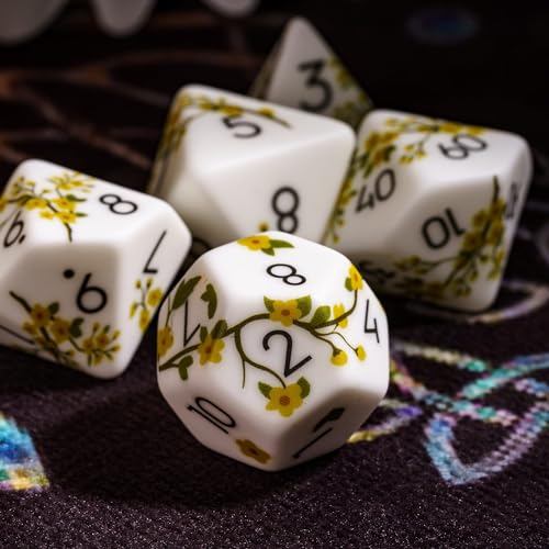 White DND Dice Set Flower Polyhedral Dice Set for D&D Tabletop Games | Premium Gift Box, DM Gift, for Dungeons and Dragons Role Playing Games - color: Pattern-yellow Flower