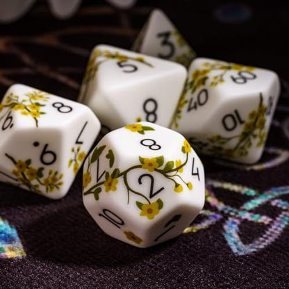 White DND Dice Set Flower Polyhedral Dice Set for D&D Tabletop Games | Premium Gift Box, DM Gift, for Dungeons and Dragons Role Playing Games - color: Pattern-yellow Flower