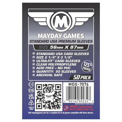 Mayday Games Premium Card Sleeves USA Standard 56x87mm - Clear Board Game and K-Pop Photocard Sleeves, 90 Micron Protector, 50 Pack - MDG-7076