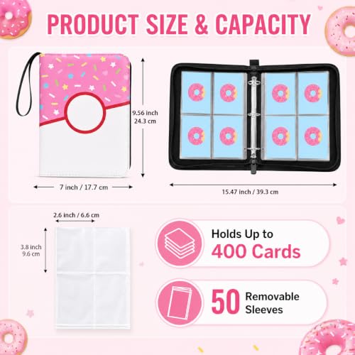 4 Pocket Card Binder 400 Card Holder Album, Pink Donut Trading Cards Holder Zipper Binder for Girl Teen Collection (Pink Donut, 400 Pocket) - color: Pink Donut, size: 400 Pocket