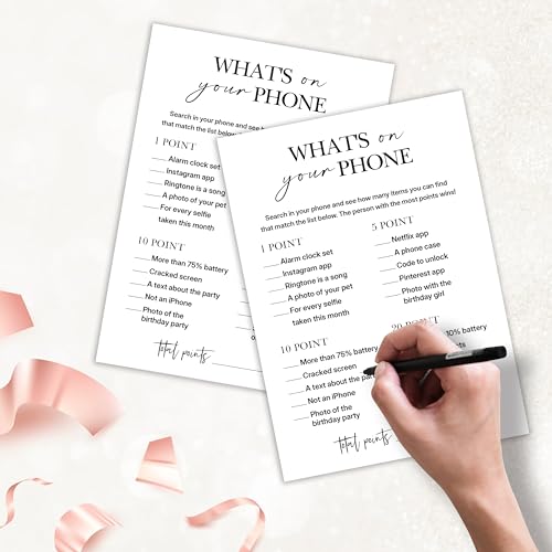 Birthday Party Game for Adults – “What’s on Your Phone?” Paper Game Cards, 25 Icebreaker Sheets for Adult Birthday Celebrations & Social Parties - A07 - color: What's on Your Phone