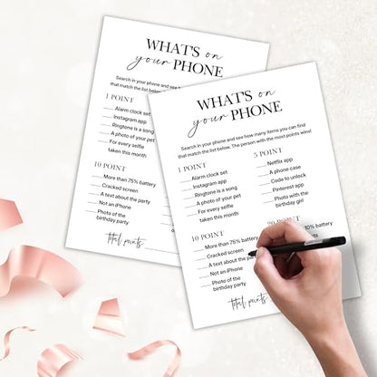 Birthday Party Game for Adults – “What’s on Your Phone?” Paper Game Cards, 25 Icebreaker Sheets for Adult Birthday Celebrations & Social Parties - A07 - color: What's on Your Phone