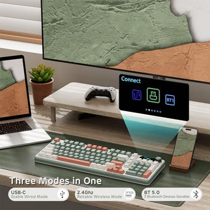 RK ROYAL KLUDGE S98 Wireless Mechanical Keyboard w/Smart Display & Knob | 96% RGB Wireless Gaming Keyboard BT/2.4G/USB-C, Hot Swappable Custom Keyboards, Creamy Sound Silent Computer Keyboard - color: Clay Green, size: Linear Silent Switch
