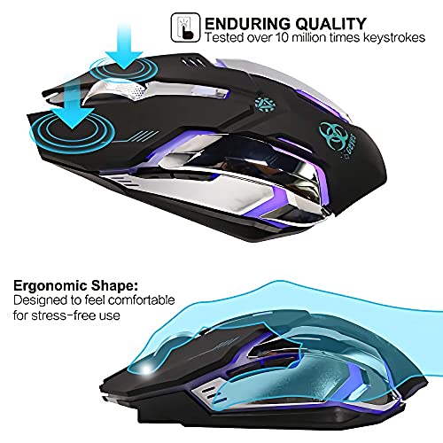 VEGCOO Wireless Gaming Mouse, Silent Wireless Mouse, Rechargeable Computer Mice with Colorful RGB LED Lights and 3-Level-Adjustable DPI, 6 Buttons Mouse with Side Buttons for Laptop and Desktop - color: black