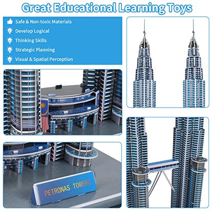 3D Puzzles for Adults & Kids, Petronas Twin Towers City Architecture Building Model Kit, 3-D Jigsaw Puzzles DIY STEM Desk Toys Christmas Birthday Gift for Hobbyist Teens Boys Girls 10-12-14, 130 PCS - style: Petronas Twin Towers