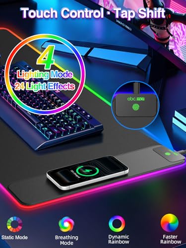 XXL RGB Gaming Mouse Pad with 15W Magnetic Wireless Charger | 31.5'' x 15.8'' Extra Large LED Desk Mat, 24 Light Effects, Non-Slip Rubber Base, Waterproof Easy Gliding Surface - color: RGB-Magnetic Right Charger-31.5"x15.8"