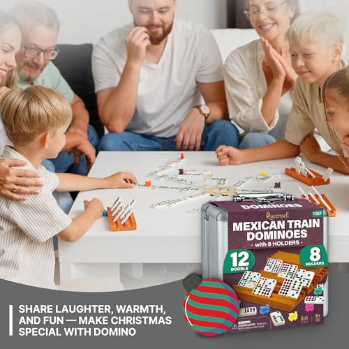 Queensell Mexican Train Dominoes Set with 8 Holders - Wooden Hub and Tiles Holders - Double 12 Tiles with Dots (D12 + 8 Holders) - style: D12 + 8 Holders