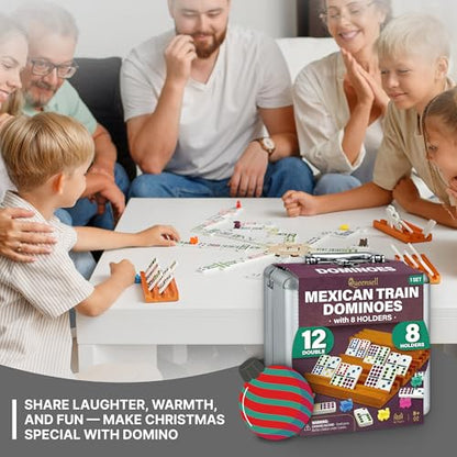 Queensell Mexican Train Dominoes Set with 8 Holders - Wooden Hub and Tiles Holders - Double 12 Tiles with Dots (D12 + 8 Holders) - style: D12 + 8 Holders