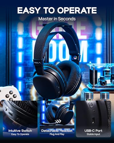 MechLands Aula G7 Wireless Gaming Headset for PS4/PS5/PC/Switch, Over-Ear Headphones with Detachable Noise Canceling Mic, RGB, Surround Sound, 60H Battery, 2.4GHz/BT/Wired (Black) - color: Black