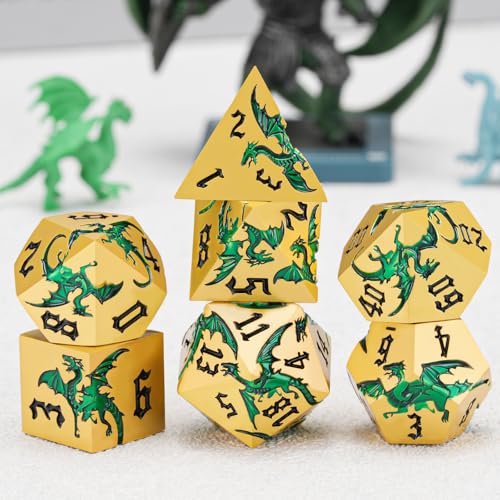 Metal DND Dragon Dice Set,D&D Polyhedral Dice with Dragon for Dungeons and Dragons RPG TTRPG D and D 7-Die Set with Gift Case Dragon-Pearl Gold Transparent Green - color: Dragon-pearl Gold Transparent Green