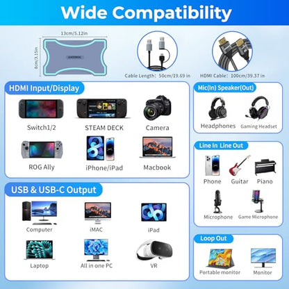 Guermok 4K HDMI Capture Card with Touch LED, Dual HDMI in/Loop-Out, USB 3.0, 4K@60Hz/ 2K@120Hz Video Capture, Mic/Line in, 4K60 Passthrough, Efficient Cooling, Streaming and Gaming for Switch2/1