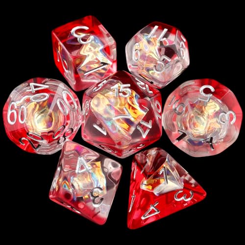 Haxtec Red Clear DND Dice Set, 7 Pcs Iridescent Resin Polyhedral RPG Dice | Role Playing Games Dice with Velvet Bag, Rounded Edge, Compatible with Dungeons and Dragons, Gifts for D&D Lovers - color: Red White