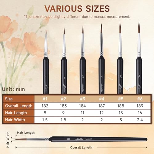 Professional Sable Hair Detail Paint Brush Set - 6 Miniature Art Brushes for Fine Detailing & Art Painting - Acrylic, Watercolor, Oil - Miniatures, Models, Black - color: Black
