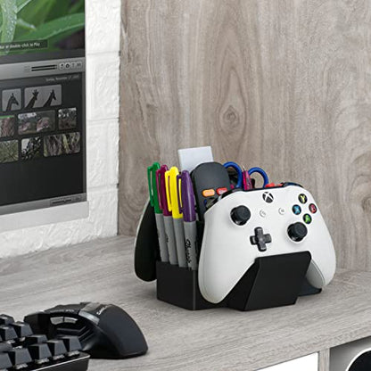 BRAINWAVZ Dual Game Controller, TV Remote Control & Stationary Storage Desktop Organizer Holder, Universal Design for Xbox ONE PS5 PS4 PC Gamepads, Reduce Clutter (D03) - color: 2 Controllers & Stationary Black