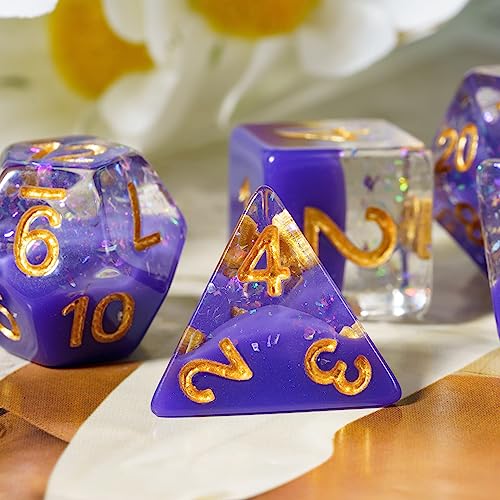Purple DND Dice Set Foil Polyhedral Dice Set D&D for Tabletop Games | Leather Storage Bag, DM Gift, for Dungeons and Dragons Role Playing Games - color: Purple