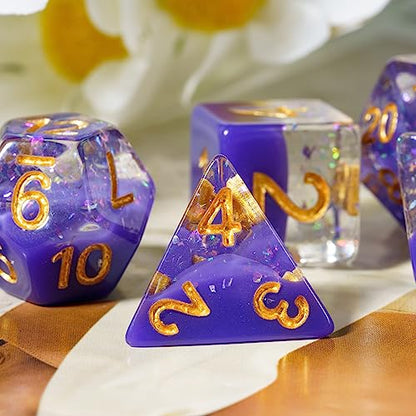 Purple DND Dice Set Foil Polyhedral Dice Set D&D for Tabletop Games | Leather Storage Bag, DM Gift, for Dungeons and Dragons Role Playing Games - color: Purple
