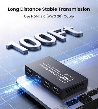 4K HDMI Splitter 1 in 4 Out, Supports 1080P@120Hz, Up to 100ft Transmission | Powered 1x4 HDMI Splitter with 5V DC UL Power Adapter, Mirror Display Only, Compatible with TV, PS5, Xbox, Projector