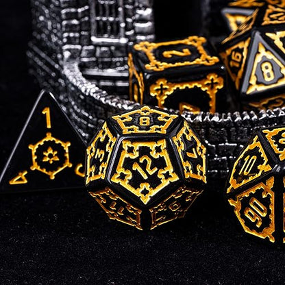 cusdie 7 Pcs 25mm Giant DND Dice with Dragon Eye Dice Bag, Polyhedral Dice Set, D&D Dice for Pathfinder RPG(Black) - color: Black Gold